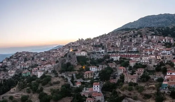 Framed Print : Arachova Greece mountain town aerial drone view in the evening Framed Print : Arachova Greece mountain town aerial drone view in the evening