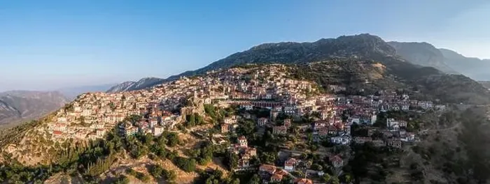 Framed Print : Arachova Greece mountain town aerial panoramic view Framed Print : Arachova Greece mountain town aerial panoramic view