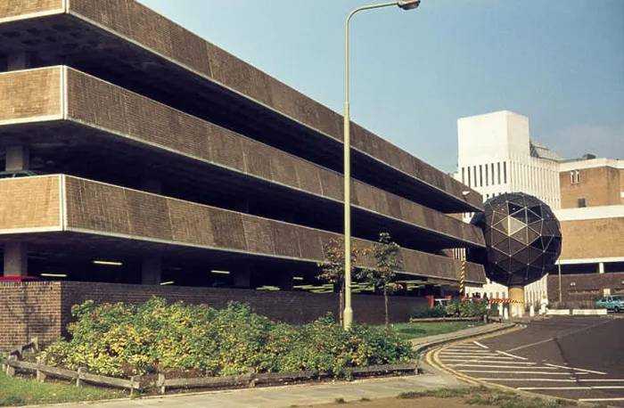 Framed Print : Archive image of Westgate multi-story car park and 'Golf Ball' CCTV camera housing, Oxford, 1978, demolished 2015