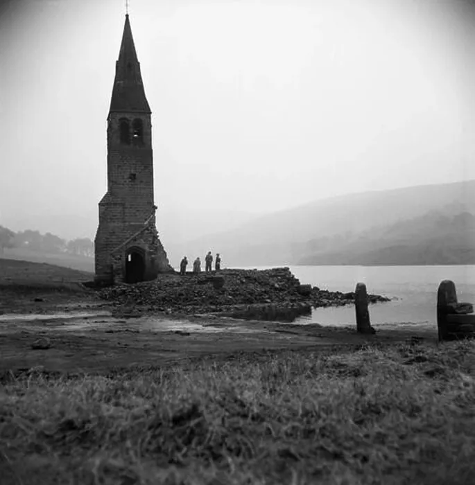 Framed Print : Archive photo of the spire of Derwent Church, Derbyshire. The village of Derwent was demolished in order to create the Ladybower Reservoir to provide Framed Print : Archive photo of the spire of Derwent Church, Derbyshire. The village of Derwent was demolished in order to create the Ladybower Reservoir to provide