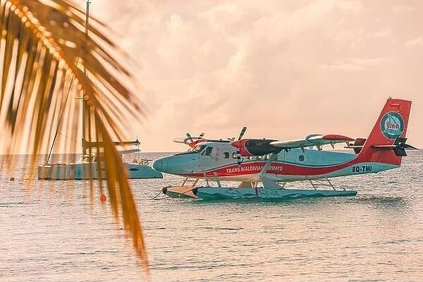 Ari Atoll, Maldives - 05.05.2018 - Sea plane at tropical beach resort. Luxury summer travel destination with seaplane in Maldives island Exotic vacay