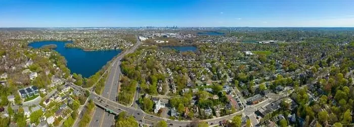 Framed Print : Arlington Heights suburban landscape panoramic aerial view in spring with Spy Pond Framed Print : Arlington Heights suburban landscape panoramic aerial view in spring with Spy Pond