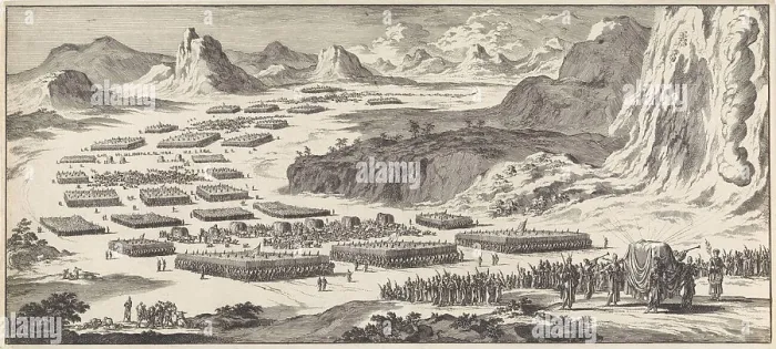 Framed Print : Army march of the twelve tribes of Israel with the Tabernacle, print maker: Jan Luyken, Amsterdam, 1705, paper, etching, h 140 mm × w 310 mm Framed Print : Army march of the twelve tribes of Israel with the Tabernacle, print maker: Jan Luyken, Amsterdam, 1705, paper, etching, h 140 mm × w 310 mm