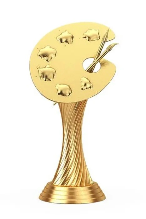 Framed Print : Art Award Concept. Golden Award Trophy Artist's Palette with Golden Paints on a white background. 3d Rendering
