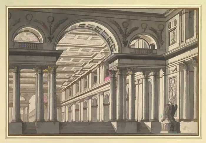 Framed Print : Art inspired by Design for a Stage Set: Classical Arcaded Gallery with Triumphal Arch Motif Framed Print : Art inspired by Design for a Stage Set: Classical Arcaded Gallery with Triumphal Arch Motif