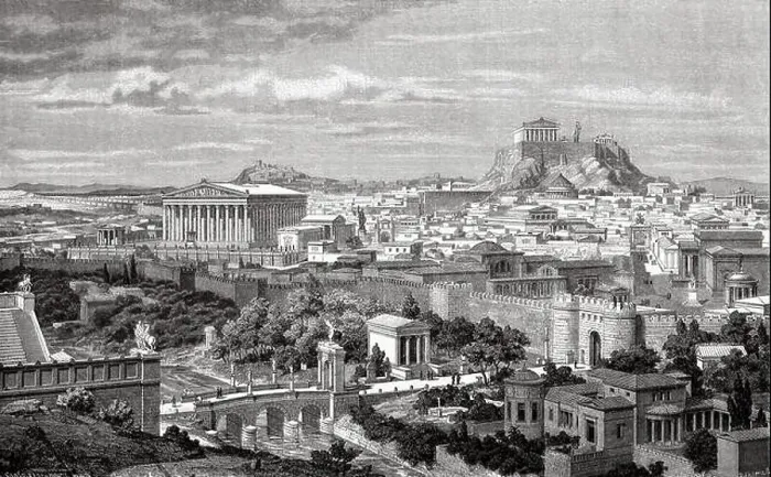 Framed Print : Artistic recreation landscape panoramic view of Athens