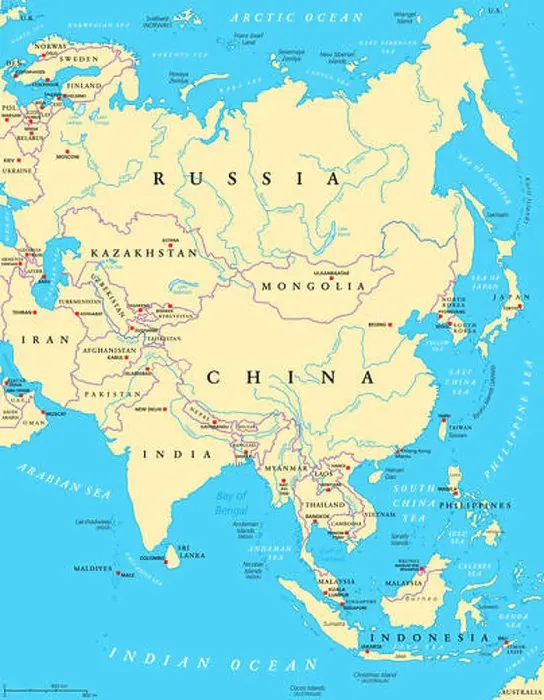 Framed Print : Asia political map with capitals, national borders, rivers and lakes. Largest continent Framed Print : Asia political map with capitals, national borders, rivers and lakes. Largest continent