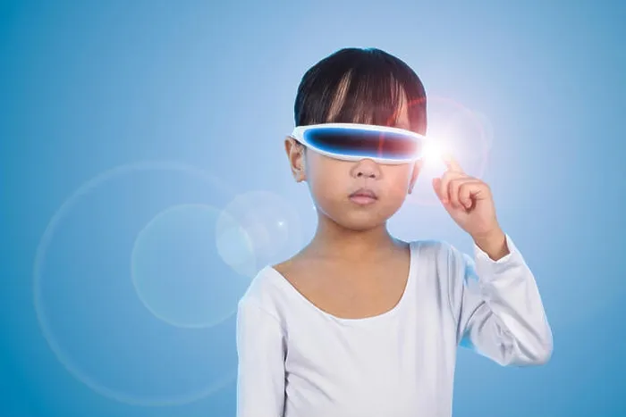 Framed Print : Asian Chinese little girl wearing futuristic eyeglassses and costumes act as cyborg in isolated background Framed Print : Asian Chinese little girl wearing futuristic eyeglassses and costumes act as cyborg in isolated background
