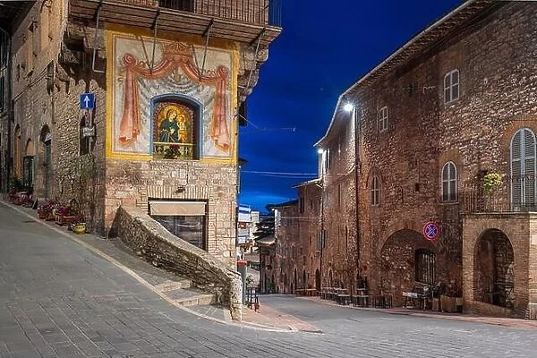 Assisi, Italy medieval town streets during blue hour