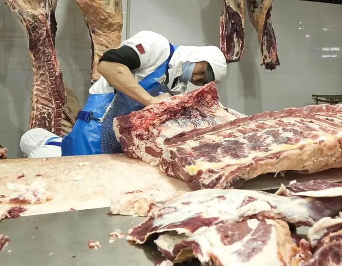Framed Print : Astana, Kazakhstan - June 24, 2021 - Beef and pork carcass cutting shop. Meat department. meat processing factory Framed Print : Astana, Kazakhstan - June 24, 2021 - Beef and pork carcass cutting shop. Meat department. meat processing factory