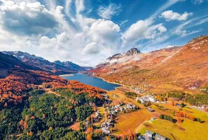 Framed Print : Astonishing autumn view from flying drone of Sils lake