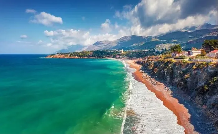 Framed Print : Astonishing spring view from flying drone of popular tourist destination - Guidaloca beach Framed Print : Astonishing spring view from flying drone of popular tourist destination - Guidaloca beach