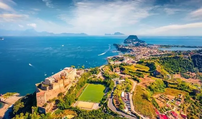 Framed Print : Astonishing view from flying drone of Aragonese Castle of Baia Framed Print : Astonishing view from flying drone of Aragonese Castle of Baia