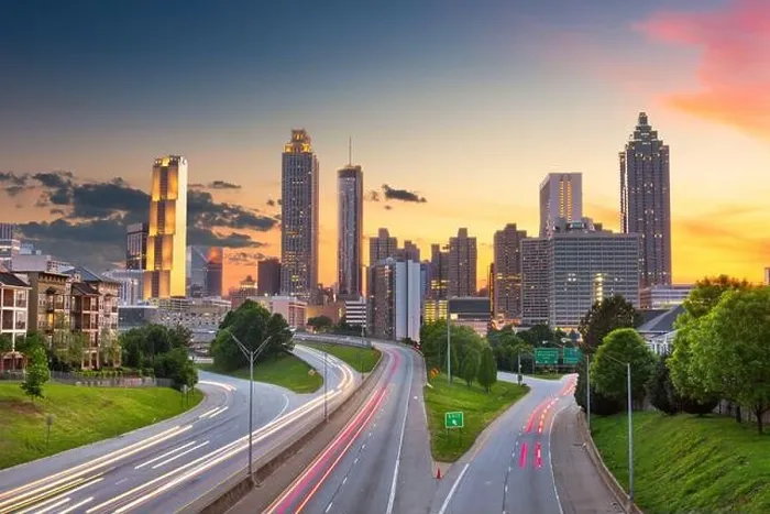 Framed Print : Atlanta, Georgia, USA downtown city skyline over Freedom Parkway at dusk