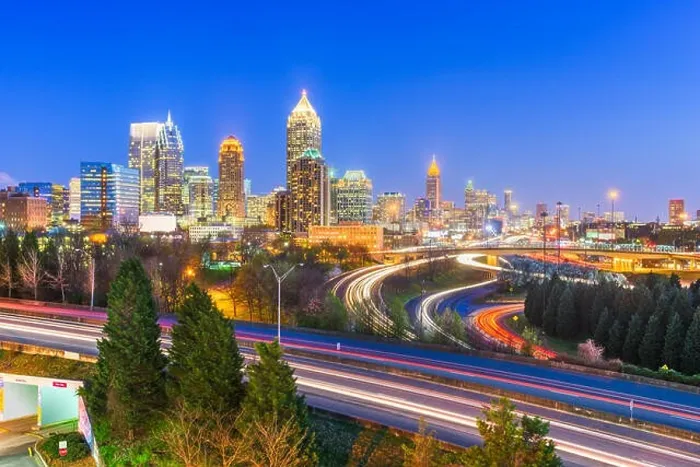 Framed Print : Atlanta, Georgia, USA downtown city skyline over highways at night Framed Print : Atlanta, Georgia, USA downtown city skyline over highways at night