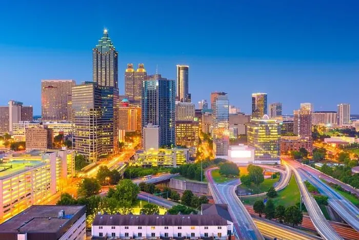 Framed Print : Atlanta, Georgia, USA downtown cityscape from above at twilight Framed Print : Atlanta, Georgia, USA downtown cityscape from above at twilight