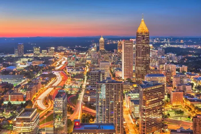 Framed Print : Atlanta, Georgia, USA downtown skyline over the highways at dusk Framed Print : Atlanta, Georgia, USA downtown skyline over the highways at dusk