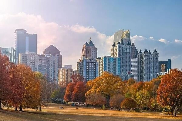 Atlanta, Georgia, USA midtown skyline from Piedmont Park in autumn in the afternoon