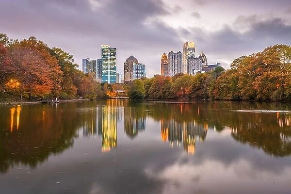 Atlanta, Georgia, USA Piedmont Park skyline in autumn on Lake Meer at dusk