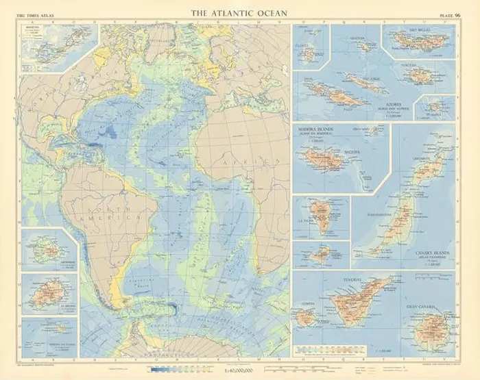 Framed Print : Atlantic Ocean islands. Canary Azores Madeira Bermuda Ascension. TIMES 1956 map