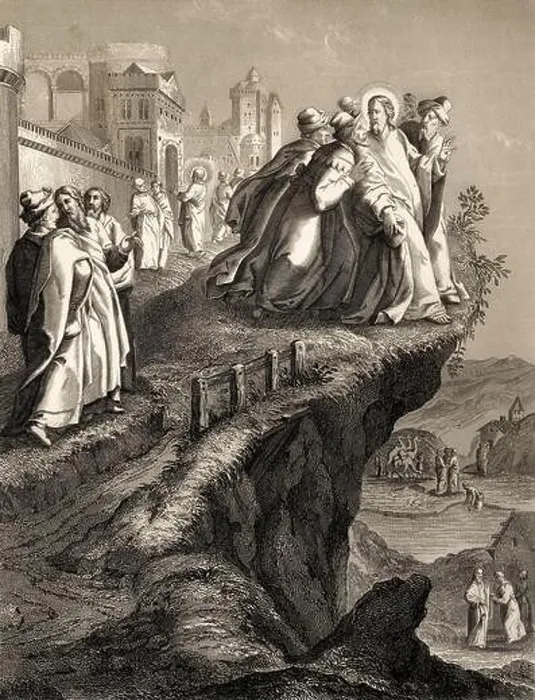 Framed Print : The attempt to throw Christ off a cliff, New Testament, steel engraving 1853, digitally restored Framed Print : The attempt to throw Christ off a cliff, New Testament, steel engraving 1853, digitally restored