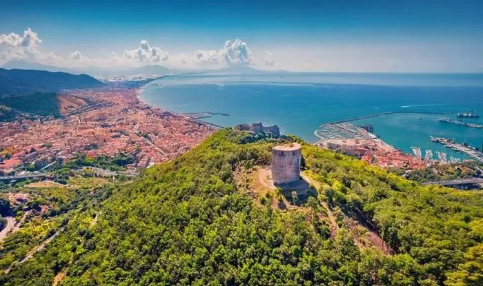 Framed Print : Attractive summer view from flying drone of Bastiglia tower and Arechi Castle Framed Print : Attractive summer view from flying drone of Bastiglia tower and Arechi Castle