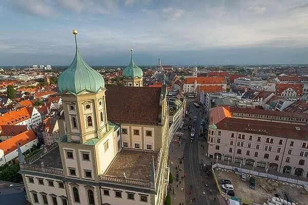 Augsburg, Germany city skyline with the old domes of the renaissance styled city hall building