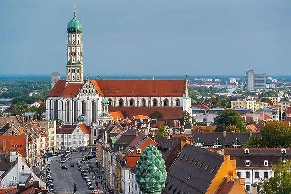 Augsburg, Germany old town skyline towards Basilica of SS. Ulrich and Afra
