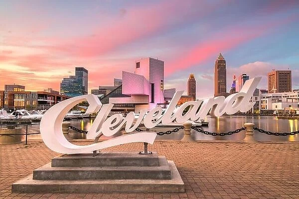 AUGUS1 10, 2019 - CLEVELAND, OHIO: The landmark skyline of downtown Cleveland from Voinovich Bicentennial Park in the early morning