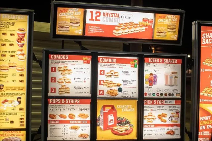 Framed Print : Augusta, Ga USA - 12 20 21: Krystal Burgers drive thru menu and prices Framed Print : Augusta, Ga USA - 12 20 21: Krystal Burgers drive thru menu and prices