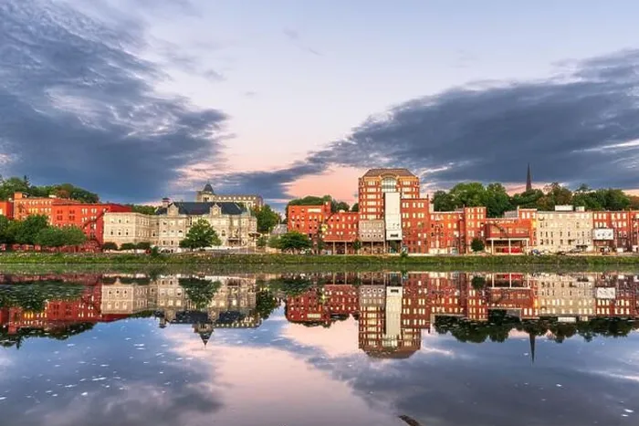 Framed Print : Augusta, Maine, USA downtown skyline on the Kennebec River at dawn