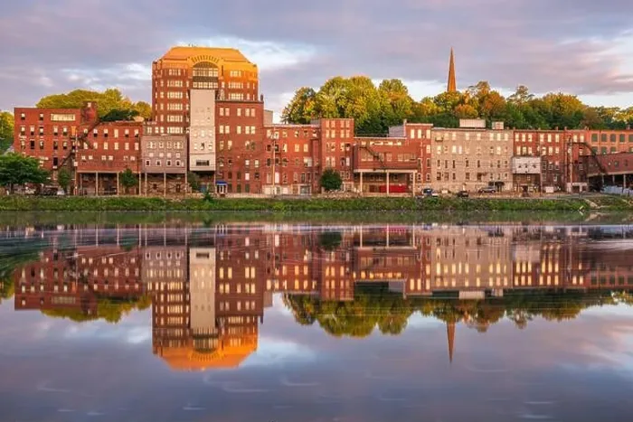 Framed Print : Augusta, Maine, USA downtown skyline on the Kennebec River at twilight