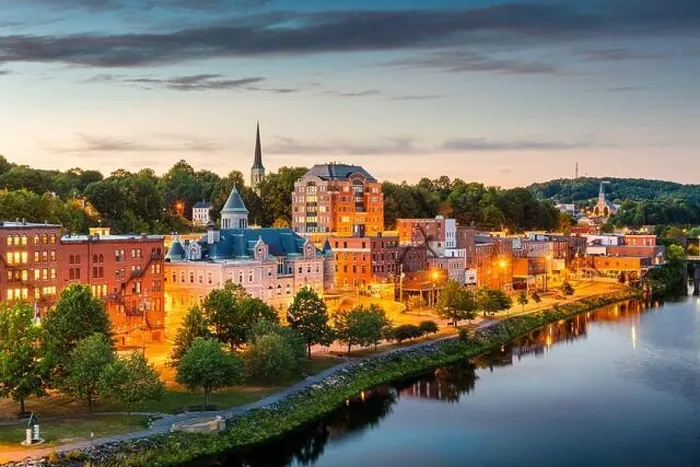 Framed Print : Augusta, Maine, USA skyline on the Kennebec River at twilight
