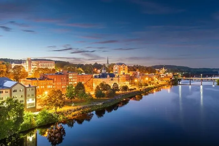 Framed Print : Augusta, Maine, USA skyline on the Kennebec River at twilight