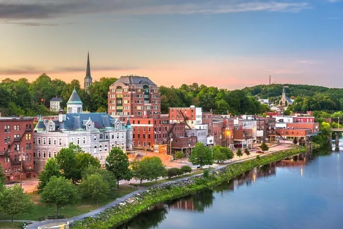 Framed Print : Augusta, Maine, USA town skyline on the Kennebec River at dusk Framed Print : Augusta, Maine, USA town skyline on the Kennebec River at dusk