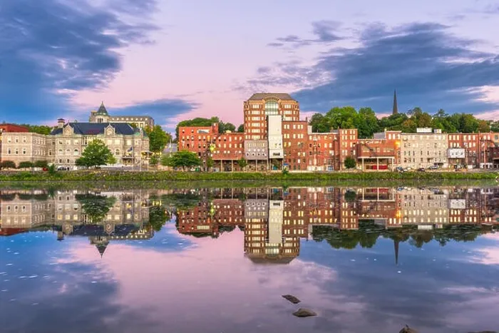Framed Print : Augusta, Maine, USA town skyline on the Kennebec River at dusk