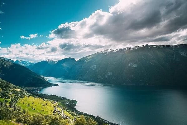 Aurland, Sogn And Fjordane Fjord, Norway. Amazing Summer Scenic View Of Sogn Og Fjordane. Famous Norwegian Landmark And Popular Destination In Summer
