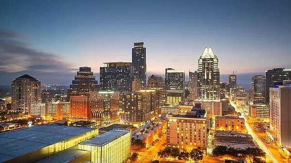 Austin, Texas, USA rooftop skyline at dusk