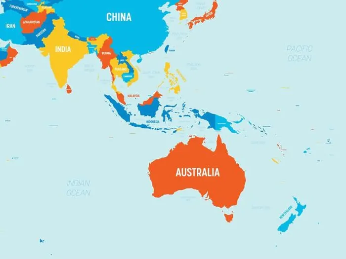 Framed Print : Australia and Southeast Asia map - 4 bright color scheme Framed Print : Australia and Southeast Asia map - 4 bright color scheme