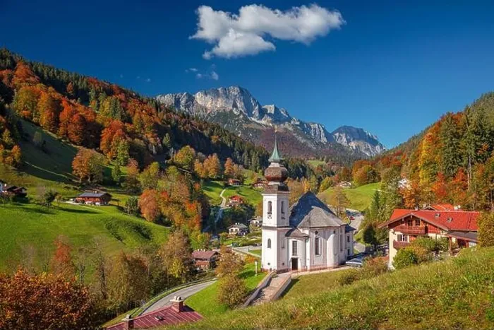 Framed Print : Autumn in Alps. Image of the Bavarian Alps with Maria Gern Church during beautiful autumn day Framed Print : Autumn in Alps. Image of the Bavarian Alps with Maria Gern Church during beautiful autumn day