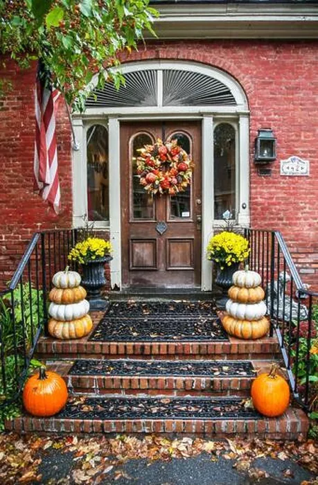 Framed Print : Autumn decorations on a front door and steps Framed Print : Autumn decorations on a front door and steps