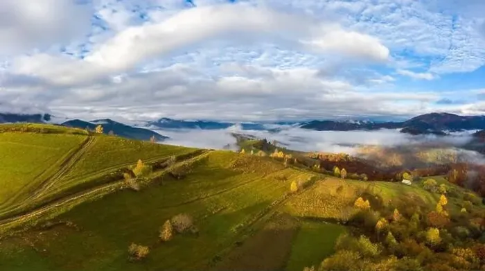 Framed Print : Autumn flight through blue sky in Carpatian autumn mountains, Aerial panoramic drone shot Framed Print : Autumn flight through blue sky in Carpatian autumn mountains, Aerial panoramic drone shot