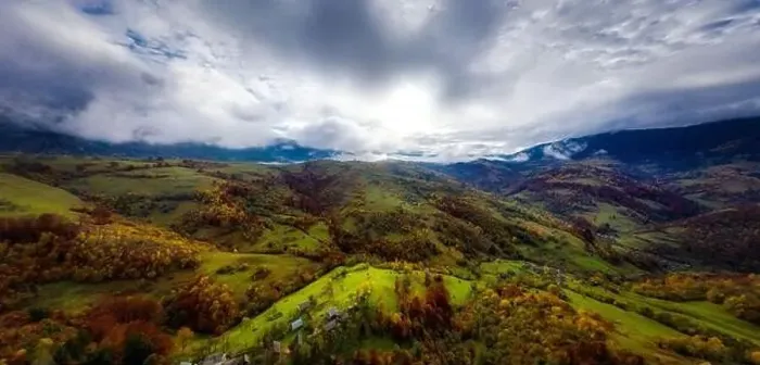 Framed Print : Autumn flight through blue sky in Carpatian autumn mountains, Aerial panoramic drone shot Framed Print : Autumn flight through blue sky in Carpatian autumn mountains, Aerial panoramic drone shot
