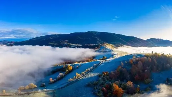 Framed Print : Autumn flight through blue sky in Carpatian autumn mountains, Aerial panoramic drone shot Framed Print : Autumn flight through blue sky in Carpatian autumn mountains, Aerial panoramic drone shot