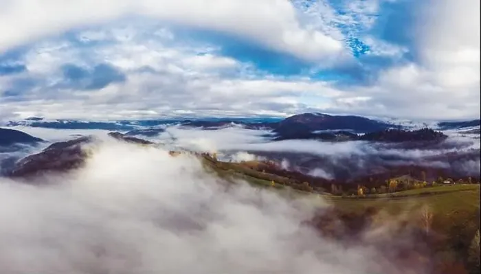 Framed Print : Autumn flight through blue sky in Carpatian autumn mountains, Aerial panoramic drone shot Framed Print : Autumn flight through blue sky in Carpatian autumn mountains, Aerial panoramic drone shot