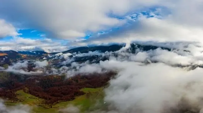 Framed Print : Autumn flight through blue sky in Carpatian autumn mountains, Aerial panoramic drone shot Framed Print : Autumn flight through blue sky in Carpatian autumn mountains, Aerial panoramic drone shot