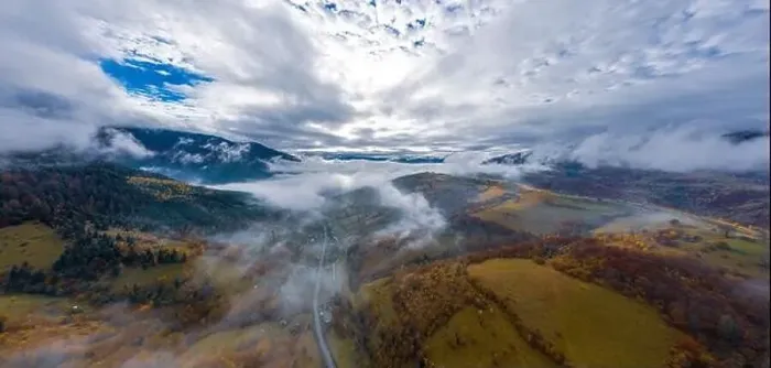 Framed Print : Autumn flight through blue sky in Carpatian autumn mountains, Aerial panoramic drone shot Framed Print : Autumn flight through blue sky in Carpatian autumn mountains, Aerial panoramic drone shot
