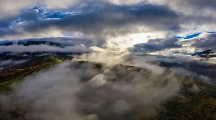 Framed Print : Autumn flight through blue sky in Carpatian autumn mountains, Aerial panoramic drone shot Framed Print : Autumn flight through blue sky in Carpatian autumn mountains, Aerial panoramic drone shot