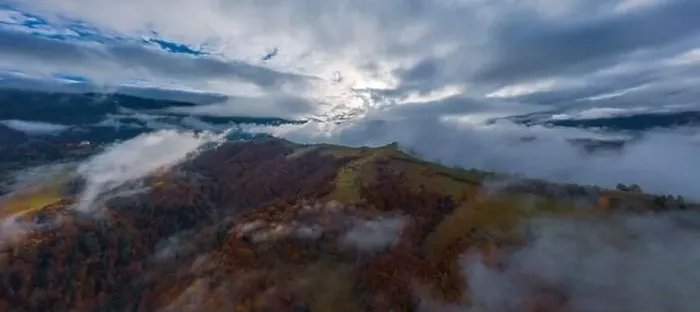 Framed Print : Autumn flight through blue sky in Carpatian autumn mountains, Aerial panoramic drone shot Framed Print : Autumn flight through blue sky in Carpatian autumn mountains, Aerial panoramic drone shot