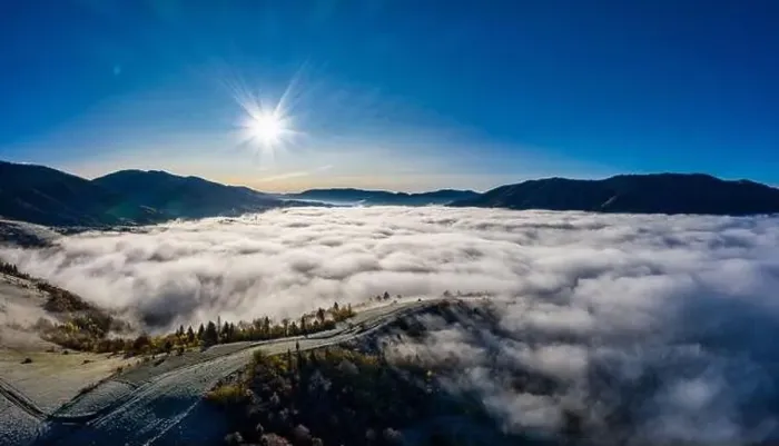 Framed Print : Autumn flight through blue sky in Carpatian autumn mountains, Aerial panoramic drone shot Framed Print : Autumn flight through blue sky in Carpatian autumn mountains, Aerial panoramic drone shot